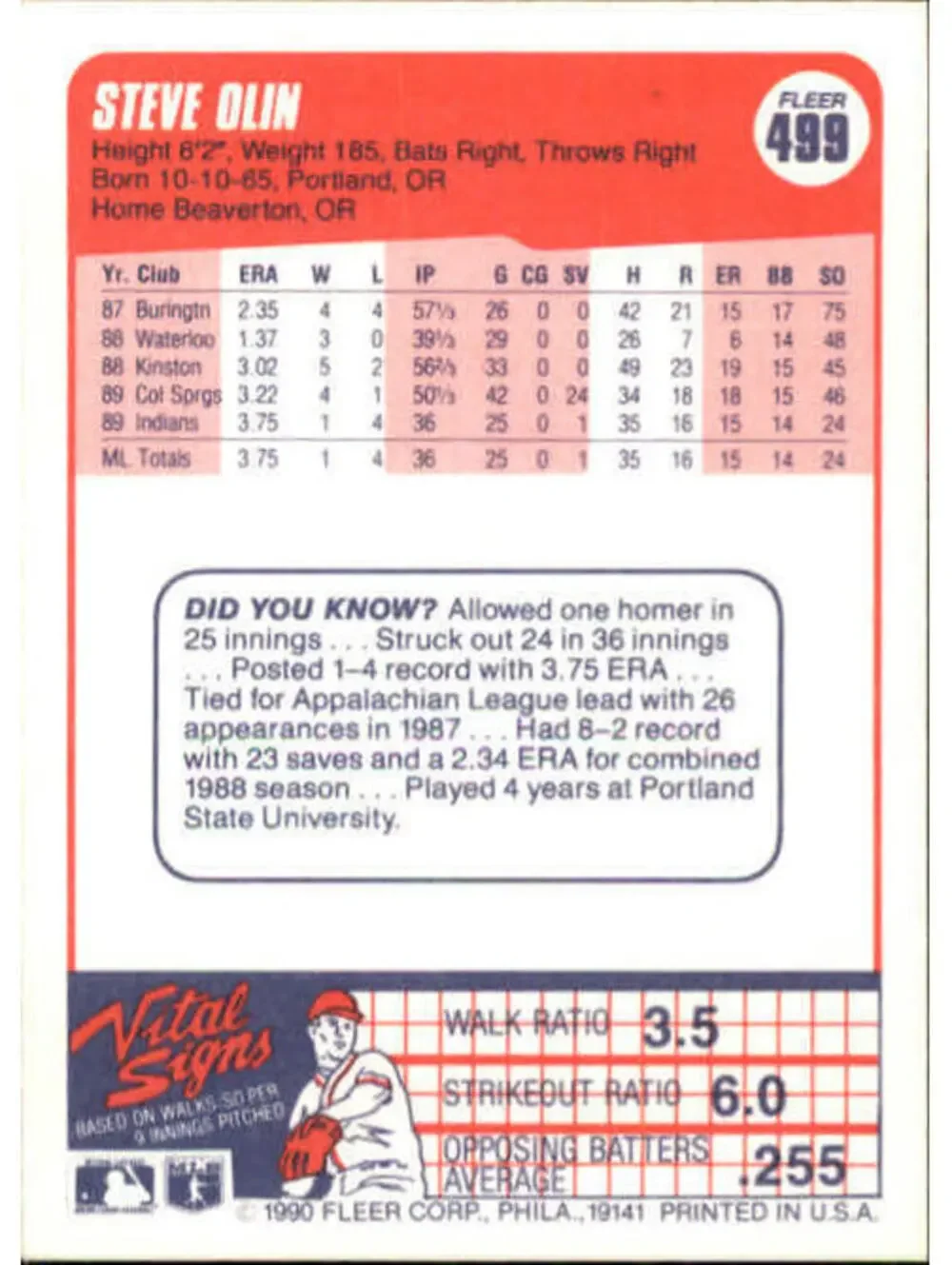 1990 Steve Olin Fleer Baseball Card #499